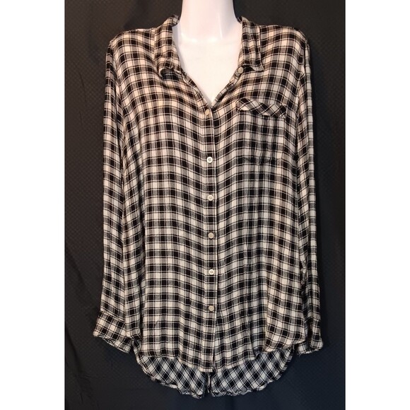 Lucky Brand Women's Black/Ivory Boyfriend Bungalow Checkered Button-Up Shirt, Lg - Picture 1 of 6